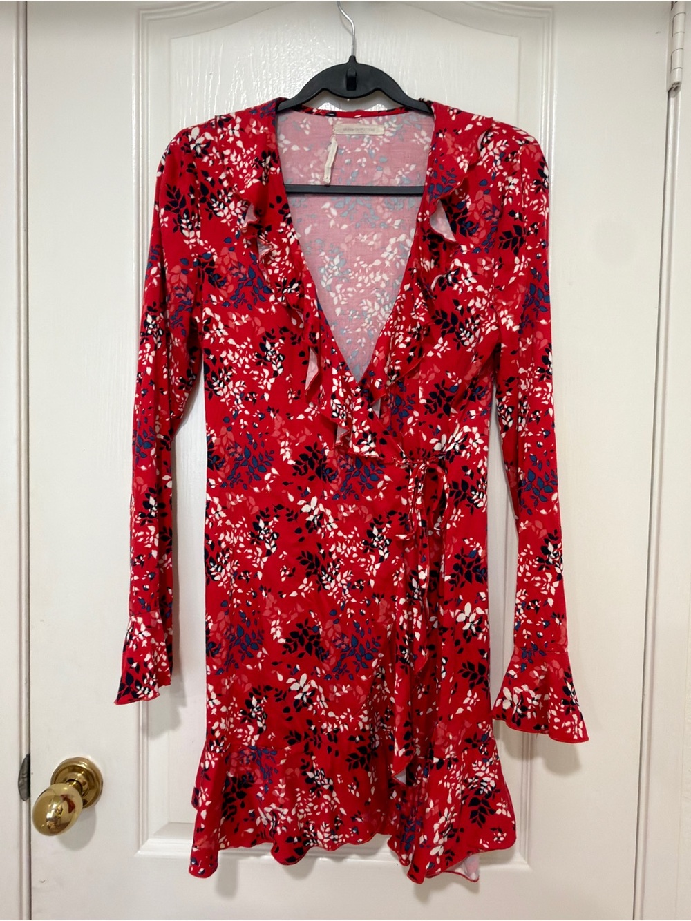 Urban Outfitters Red Floral Wrap Mini Dress Medium Long Sleeve Ruffle Y2K